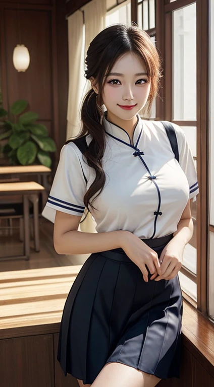 A girl、漂亮又beauty的眼睛、Lovely、Professional lighting、best quality、beauty、(Uniforms: 1.5)、indoor、Ponytail、(Large Breasts: 1.3)、Proportionate face、School、Beautiful legs、All white hair，Red Eyes，person with bright smile，paint，Wearing cheongsam，Texture and sophistication，Combined with Chinese style elements，Feathers flying，Create fantastic effects，Present beautiful works with high-quality pictures。