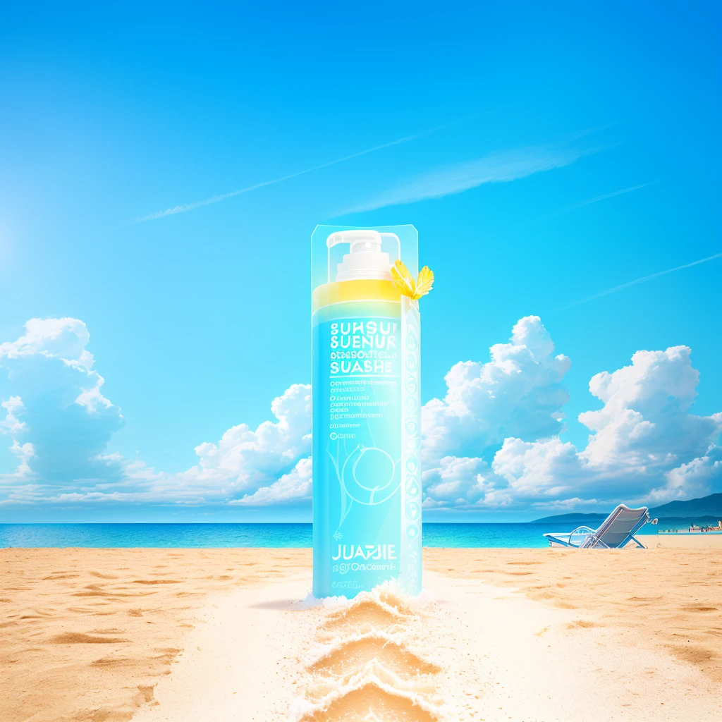 A tube of sunscreen on the beach, Cleansing face and body skin, Face and body connected, "Surrealism, Crisp and sharp, Official product images, product photo, Relax on the beach, Sunny and sunny, author:Juan O'Gorman, from me, High-quality local rendering, cream skin, Clarity、Smooth、Clean lines