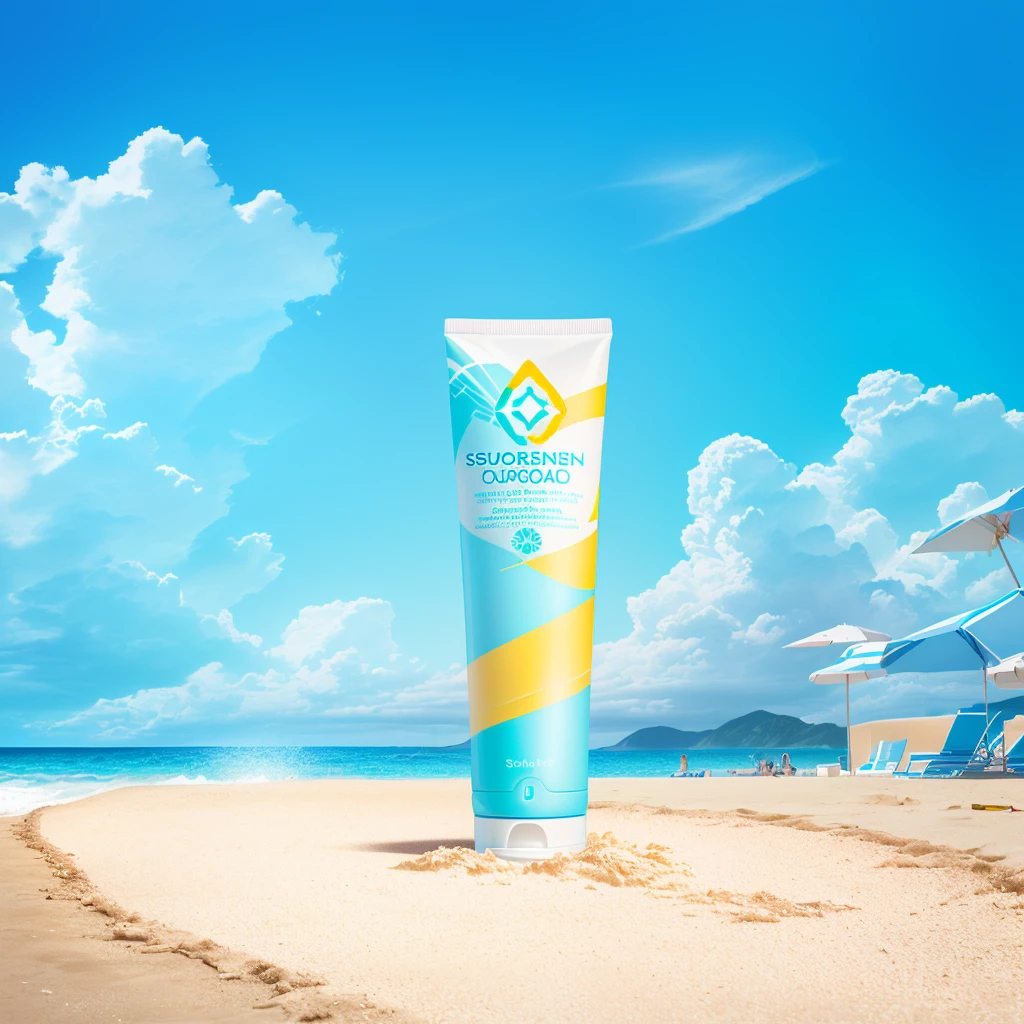 A tube of sunscreen on the beach, Cleansing face and body skin, Face and body connected, "Surrealism, Crisp and sharp, Official product images, product photo, Relax on the beach, Sunny and sunny, author:Juan O'Gorman, from me, High-quality local rendering, cream skin, Clarity、Smooth、Clean lines