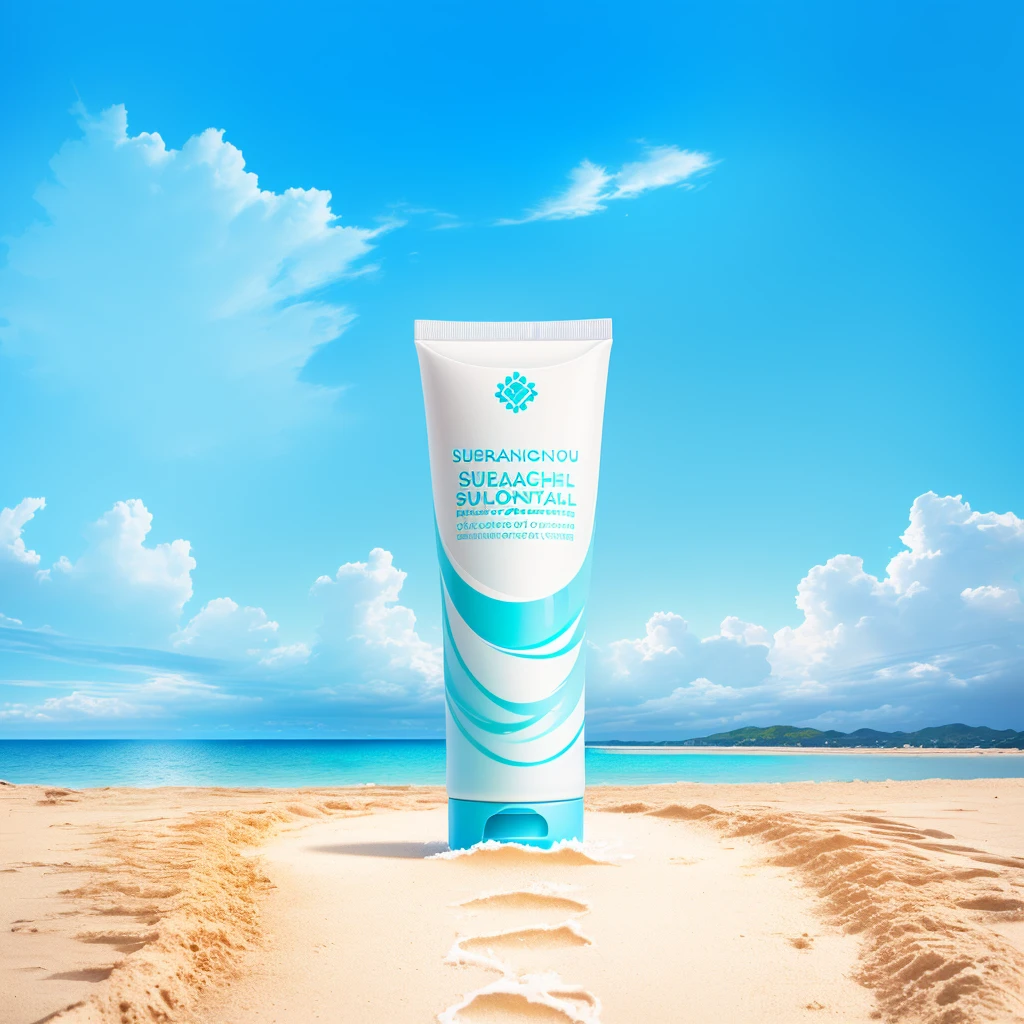 A tube of sunscreen on the beach, Cleansing face and body skin, Face and body connected, "Surrealism, Crisp and sharp, Official product images, product photo, Relax on the beach, Sunny and sunny, author:Juan O'Gorman, from me, High-quality local rendering, cream skin, Clarity、Smooth、Clean lines