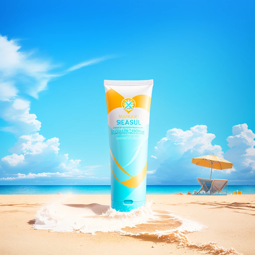 A tube of sunscreen on the beach, Cleansing face and body skin, Face and body connected, "Surrealism, Crisp and sharp, Official product images, product photo, Relax on the beach, Sunny and sunny, author:Juan O'Gorman, from me, High-quality local rendering, cream skin, Clarity、Smooth、Clean lines
