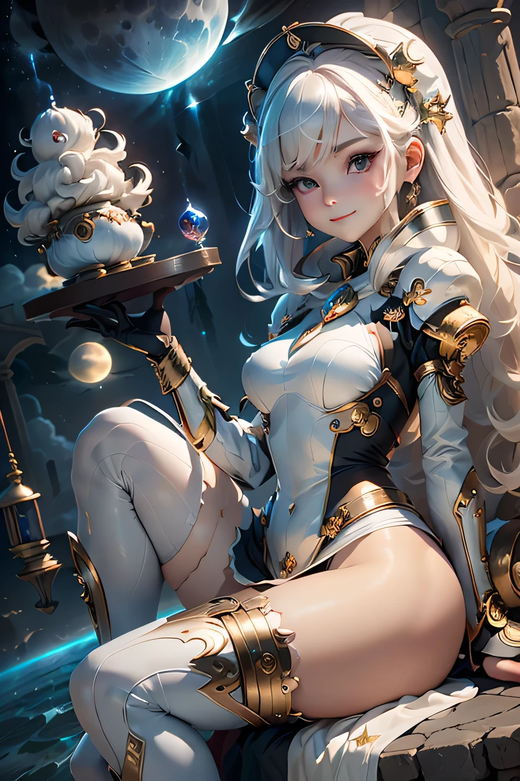 (masterpiece, best quality, dutch angle)(1girl, solo)(white hair, red eyes)(smile, sitting,floating hair)(universe、Milky Way、Lunar City)Above the knee tights