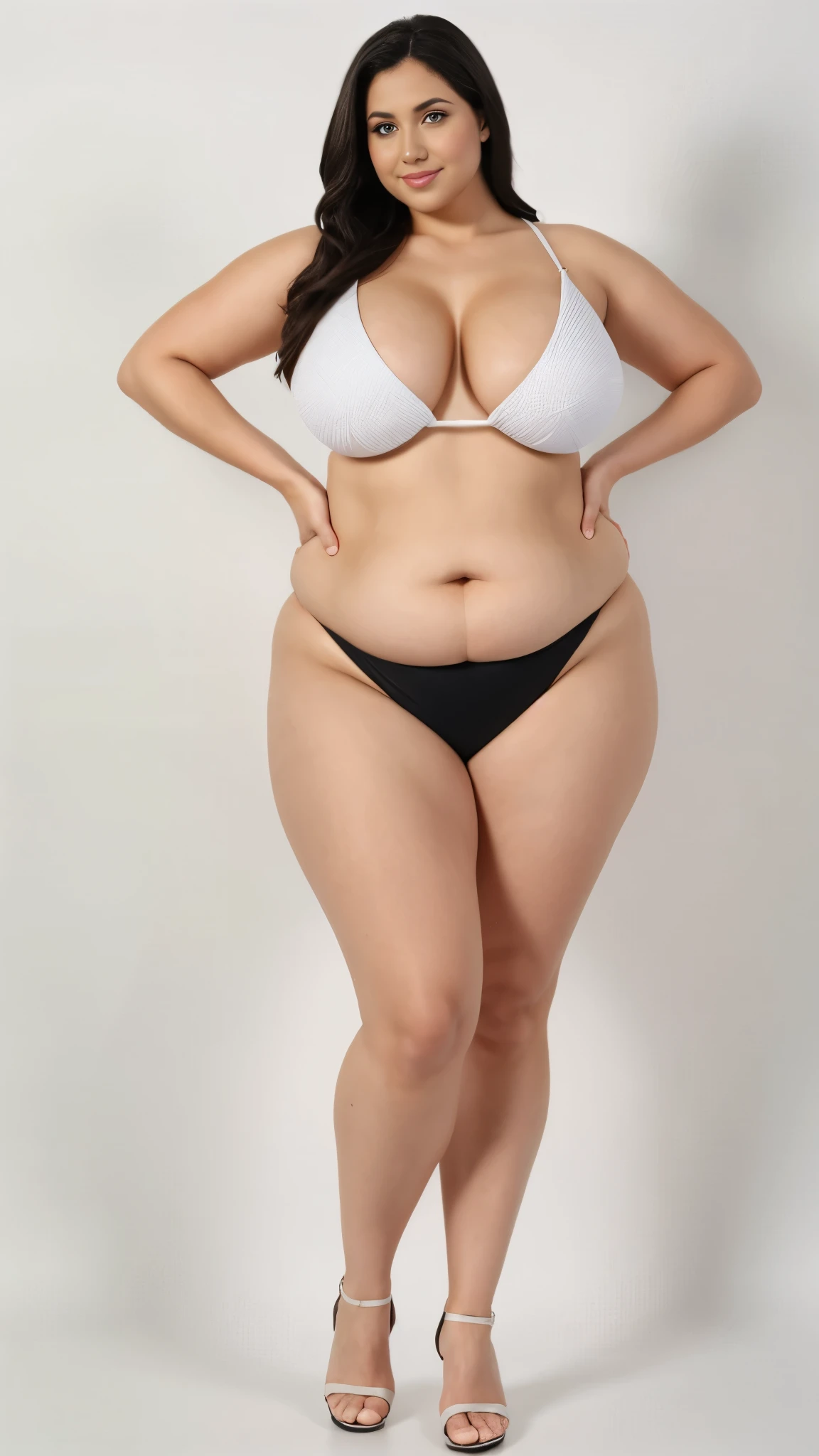style:photo | Alltotal Body Photo Of glamour Woman, as a 35_old woman, big breast Jumbo breast sexy, fat straight_hair, Izrael Syria woman standing、preppy,viewed_from_distance, full_body, wide_angle view, entire_body_in_view、fat girl、one person、Fat belly、Thick body、Full body portrait、Standing on tiptoes、Stand with your feet shoulder-width apart、Stand with your hands on your hips、Stand facing forward、Simple white background、Blank white background、Big belly、Thick waist、Blank background、Competitive swimmer、Swimwear、Micro Bikini、High heels、