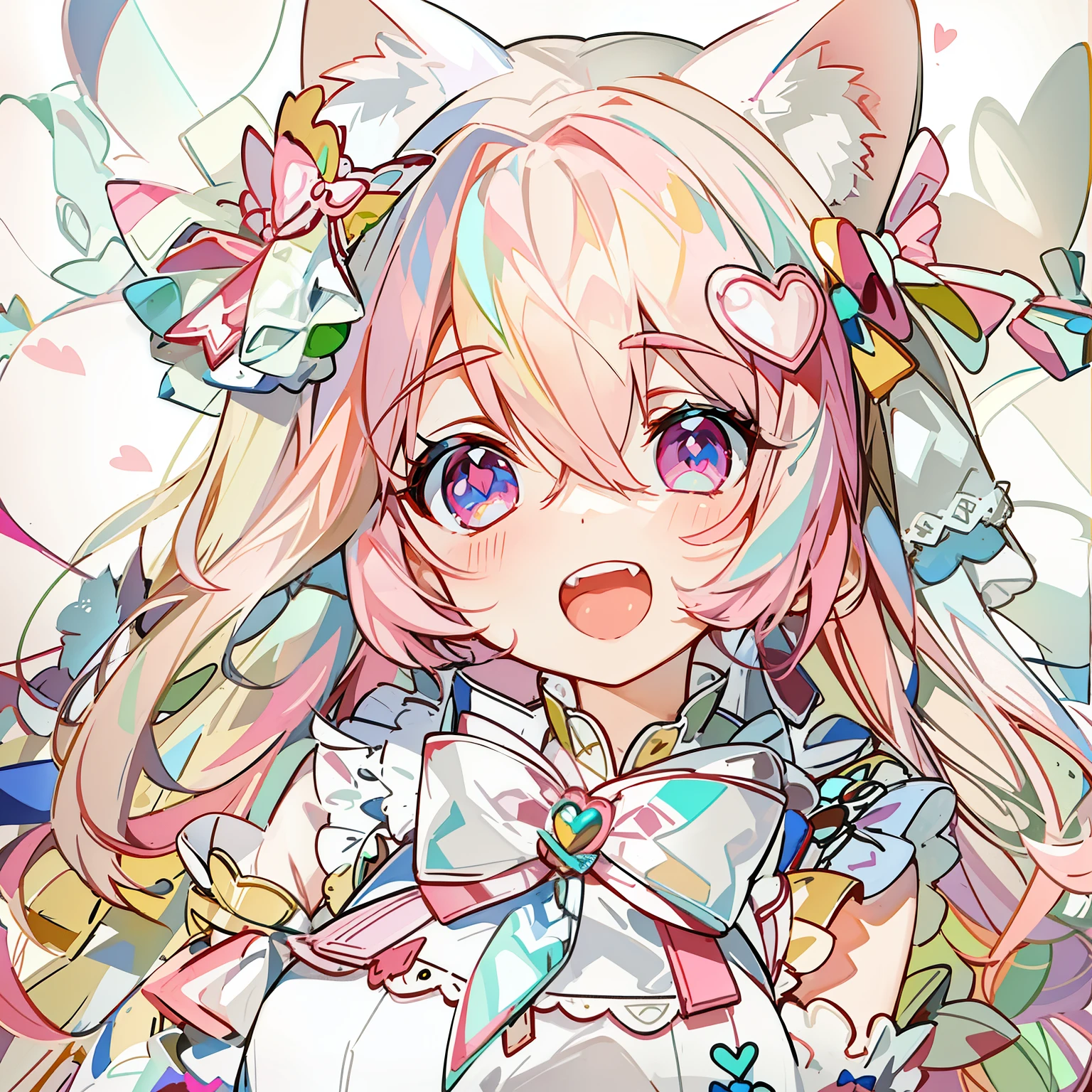 Masterpiece,Best quality, White background, (10:1girll), (10:One guy), Very long hair, White and pink hair , Love decoration , Multiple cyan and pink bows, White and pink pair of cat ears , Cyan eyes , Look straight ahead , love heart , Pink bow tie , White clothes , 5:Open mouth, 5:teeth