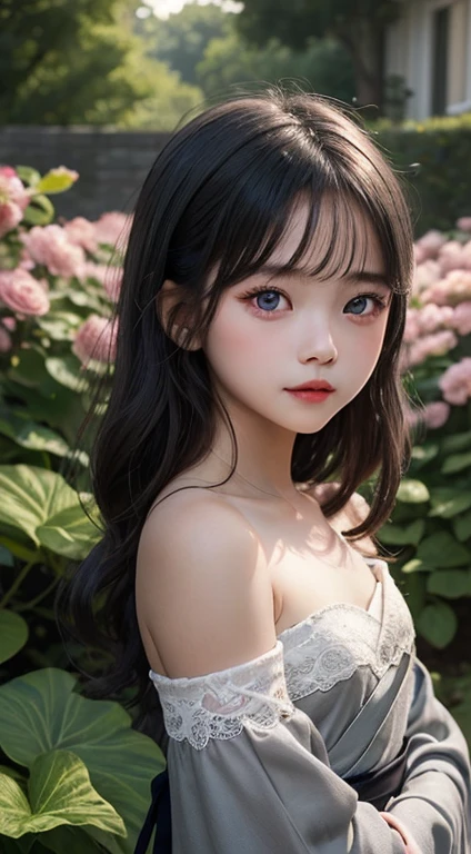 (Little Girl: 1.5), Lace, ribbon, Hanfu, (masterpiece, Side light, Beautifully and fair gray eyes: 1.2), masterpiece, Practical, Glowing eyes, Shiny hair, Black Hair, Long hair, Glowing skin, Solitary, Awkward, Strapless, Beautifully, fair, garden, Flowers, fluttering petals,