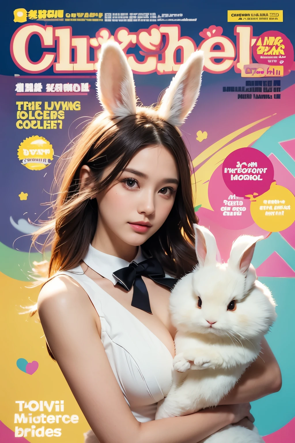 Model and background intact, Beautiful woman holding a large rabbit doll, Colorful background, magazine pose,