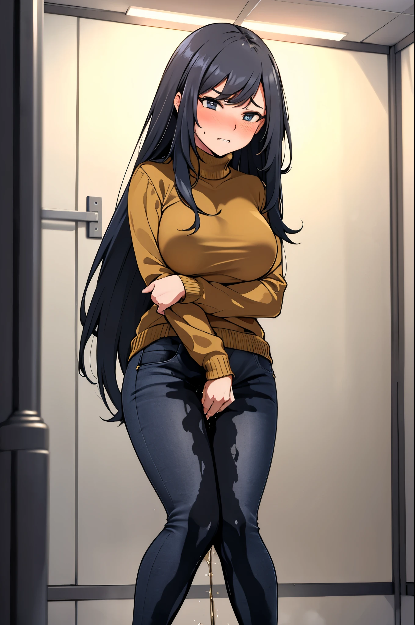 A woman with very long black hair, (very long hair:1.25) and (long bangs:1.5), wearing a stylish wool turtleneck sweater with jeans, long sleeves, (low-rise jeans:1.25), (low-cut jeans:1.25), standing. The artwork is inspired by manga and incorporates a doujin style. The woman appears to be (wetting herself:1.5), which causes her to feel embarrassed and humiliated, resulting in a blush on her face. In addition, there is an air of anger in her expression. The lighting in the scene is moody, with a spotlight highlighting the woman's figure, Her arms are crossed (crossing arms:1.5), showcasing a very large pee stain that covers almost the entire front of her jeans., large breasts, skinny