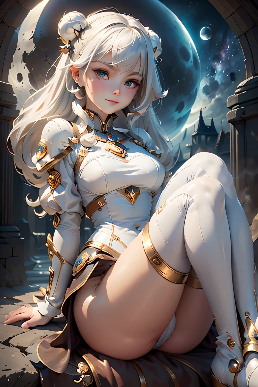 (masterpiece, best quality, dutch angle)(1girl, solo)(white hair, red eyes)(smile, sitting,floating hair)(universe、Milky Way、Lunar City)Knee-high boots