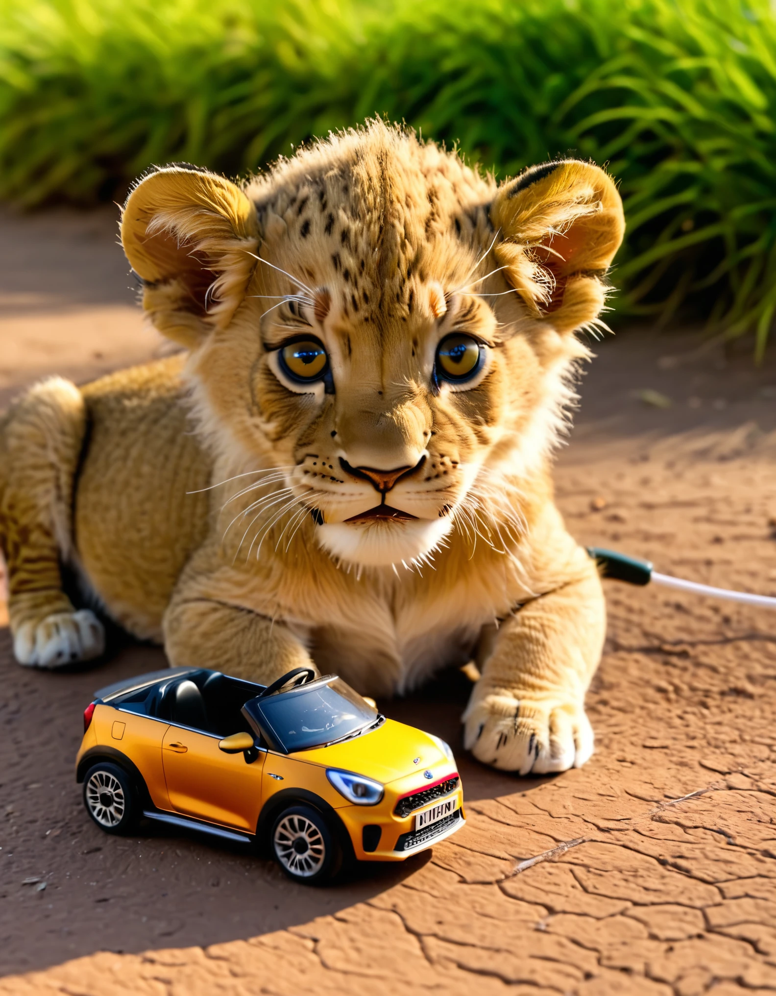 (close-up photo of a lion cub and a toy car,4k,highres:1.2),vivid colors,HDR,UHD,studio lighting,physically-based rendering,extremely detailed eyes and face,beautiful detailed eyes and lips,long eyelashes,shallow depth of field,warm color tones,savannah scenery,Kia Picanto toy car