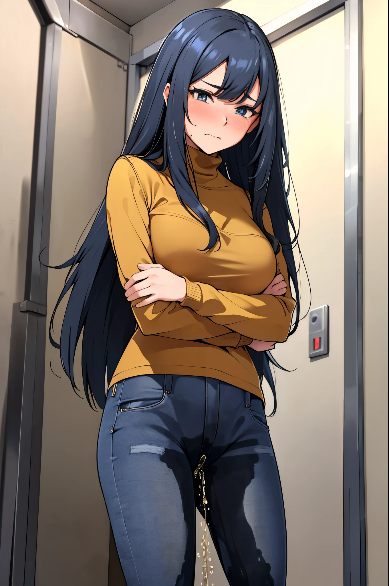 A woman with very long black hair, (very long hair:1.25) and (long bangs:1.5), wearing a stylish wool turtleneck sweater with jeans, long sleeves, (low-rise jeans:1.25), (low-cut jeans:1.25), standing. The artwork is inspired by manga and incorporates a doujin style. The woman appears to be (wetting herself:1.5), which causes her to feel embarrassed and humiliated, resulting in a blush on her face. In addition, there is an air of anger in her expression. The lighting in the scene is moody, with a spotlight highlighting the woman's figure, Her arms are crossed (crossing arms:1.5), showcasing a very large pee stain that covers almost the entire front of her jeans., large breasts, skinny