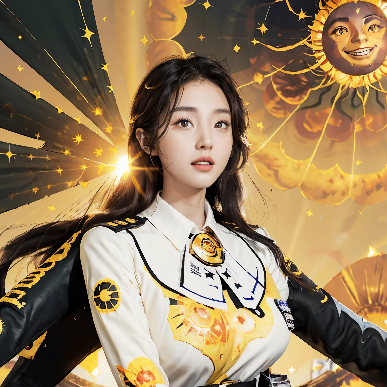 Fantasy art, photorealism, dynamic lighting, artstation, poster, volumetric lighting, very detailed uniform, (official uniform: 1.4), long hair with a hint of curls, yellow sleeve sweater, black collar, fitted waist, negative space between white shirt and black trouser, high nose bridge, smiling face with sparkling eyes, crisp uniform details, film grains, Fuji colors, light and shade contrast, top-quality, ultra-detailed, masterpiece, wallpaper, highly detailed face, finger details, low key, pureerosfaceace_V1, cheerful personality, lovely smile. (Clear super big sun background: 1.8)
