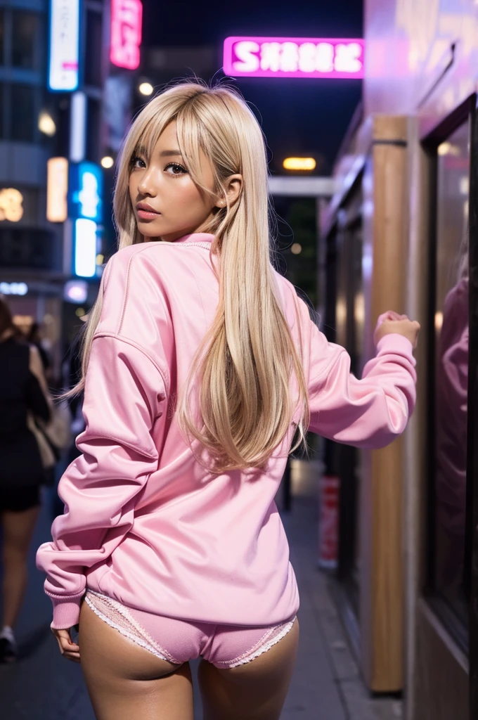 Ass, gyaru, dark-skinned, close up shot, shiny oiled skin, blond hair, wearing pink trackjackets, wearing pink thongs, in night shibuya city