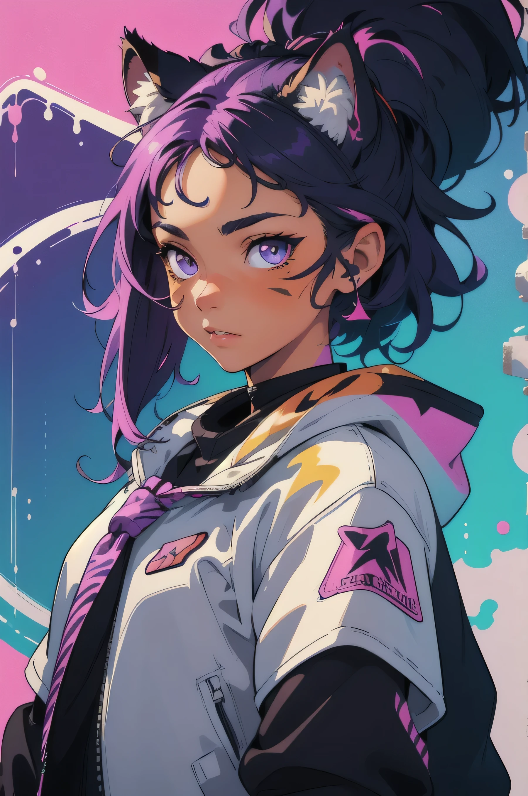 (masterpiece:1.1), (highest quality:1.1), (HDR:1.0), extreme quality, cg, (negative space), detailed face+eyes, 1girl, fox ears, animal ear fluff, (plants:1.18), (fractal art), (bright colors), splashes of color background, colors mashing, paint splatter, complimentary colors, neon color, (thunder tiger), compassionate, electric, limited palette, synthwave, fine art, tan skin, upper body, (violet and tan:1.2), time stop