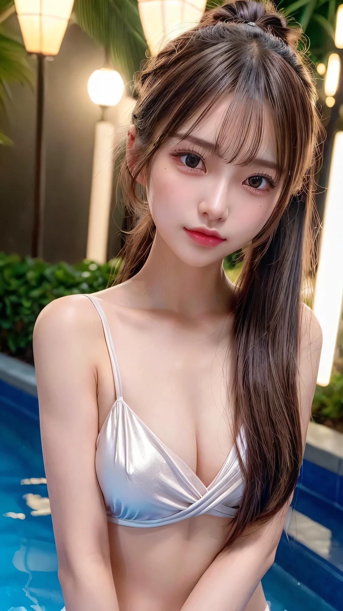 Outdoor,midnight,Very large pool,It's dark outside,Lit up with neon lights,bikini,Blushing,Facing forward,Small breasts,,Long hair ponytail,((8K, Raw photo, Best Quality, Mastepiece:1.2), (Realism, Photorealistic:1.4), (Highly detailed 8k wallpaper), Depth of written boundary, Cinematic Lighting, Soft Light, Detailed Beauty Eye,Shiny and smooth light brown ponytail, Asymmetrical bangs, Shiny skin, Ultra-detailed skins ,It is high resolution., High detail, Detailed hairstyle, Detailed facial beauty, Hyper-realistic, Perfect limbs, Perfect Anatomy ,1 Japanese girl,Famous Japanese Idols, Perfect female body,A shy smile,Short eyelashes,Double-edged eyelids,Look straight here,Hair style: ponytail,