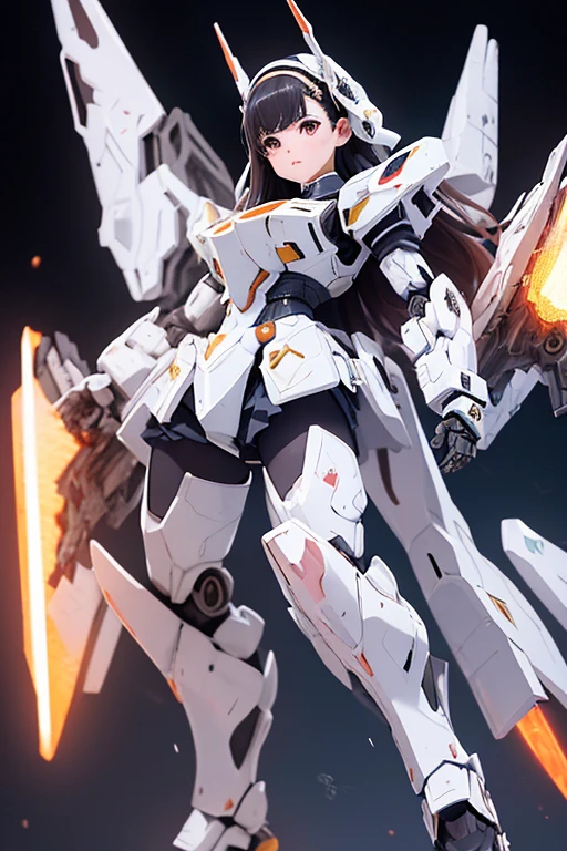 (highest quality)), ((masterpiece)), (Very detailed: 1.3), 3D, {(One Girl)}, (Navy blue bloomers and、Wear a white gym suit with a colored hem underneath the armor:1.2), (Black Hair:1.5), Wearing a futuristic Gundam mecha,(Heavy Armor Gundam), With headgear, With V-fin , Armored Shoulders,Armed, Armor at the feet, Short sleeve, Equipped with two huge weapons on its back, Leg-mounted weapon module, Multi-layer texture perfect ratio, Octane Rendering, Duotone Lighting, Low ISO, wide aperture, White balance, Three-part method, Ultra HD 16k, High resolution (High Dynamic Range), Ray Tracing, NVIDIA, Super Resolution, Scattered under the surface, PBR Texturing, Post-processing, Anisotropic Filtering, Written boundary depth, Maximum clarity and sharpness, Highly efficient subpixels, Subpixel Convolution, Particles of light, Scattered Light, Tyndall effect, whole body:1.5, Combat pose, cute, (cute:1.2), (Long Hair:1.3),Thick eyebrows, Pale-colored iris, big, Bright black eyes, Long eyelashes, small, Bright colors, Natural lips, (The average face of a Japanese idol), (日本人特有のBaby Face:1.3), (Baby Face), Wide forehead:1.2, Plump Cheeks, small jaw, In the Hangar,View your audience,Focus on the eyes