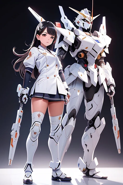 (highest quality)), ((masterpiece)), (Very detailed: 1.3), 3D, {(One Girl)}, (Navy blue bloomers and、Wear a white gym suit with a colored hem underneath the armor:1.2), (Black Hair:1.5), Wearing a futuristic Gundam mecha,(Heavy Armor Gundam), With headgear, With V-fin , Armored Shoulders,Armed, Armor at the feet, Short sleeve, Equipped with two huge weapons on its back, Leg-mounted weapon module, Multi-layer texture perfect ratio, Octane Rendering, Duotone Lighting, Low ISO, wide aperture, White balance, Three-part method, Ultra HD 16k, High resolution (High Dynamic Range), Ray Tracing, NVIDIA, Super Resolution, Scattered under the surface, PBR Texturing, Post-processing, Anisotropic Filtering, Written boundary depth, Maximum clarity and sharpness, Highly efficient subpixels, Subpixel Convolution, Particles of light, Scattered Light, Tyndall effect, whole body:1.5, Combat pose, cute, (cute:1.2), (Long Hair:1.3),Thick eyebrows, Pale-colored iris, big, Bright black eyes, Long eyelashes, small, Bright colors, Natural lips, (The average face of a Japanese idol), (日本人特有のBaby Face:1.3), (Baby Face), Wide forehead:1.2, Plump Cheeks, small jaw, In the Hangar,View your audience,Focus on the eyes 