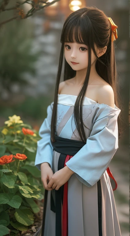 (***********: 1.5), Lace, ribbon, Hanfu, (masterpiece, Side light, Beautifully and fair gray eyes: 1.2), masterpiece, Practical, Glowing eyes, Shiny hair, Black Hair, Long hair, Glowing skin, Solitary, Awkward, Strapless, Beautifully, fair, garden, Flowers, fluttering petals,