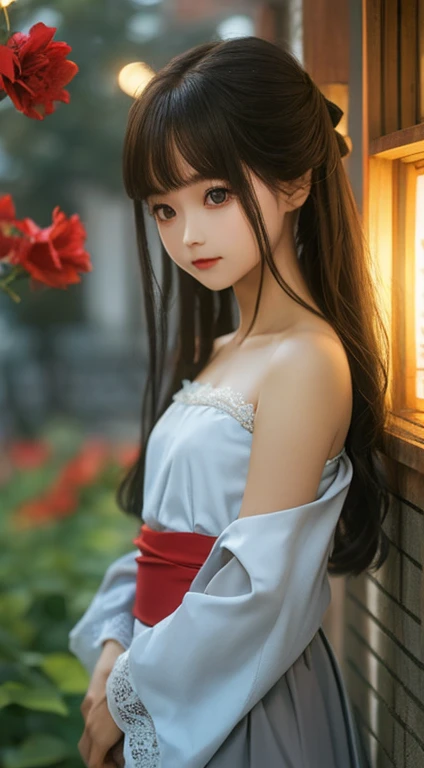 (: 1.5), Lace, ribbon, Hanfu, (masterpiece, Side light, Beautifully and fair gray eyes: 1.2), masterpiece, Practical, Glowing eyes, Shiny hair, Black Hair, Long hair, Glowing skin, Solitary, Awkward, Strapless, Beautifully, fair, garden, Flowers, fluttering petals,