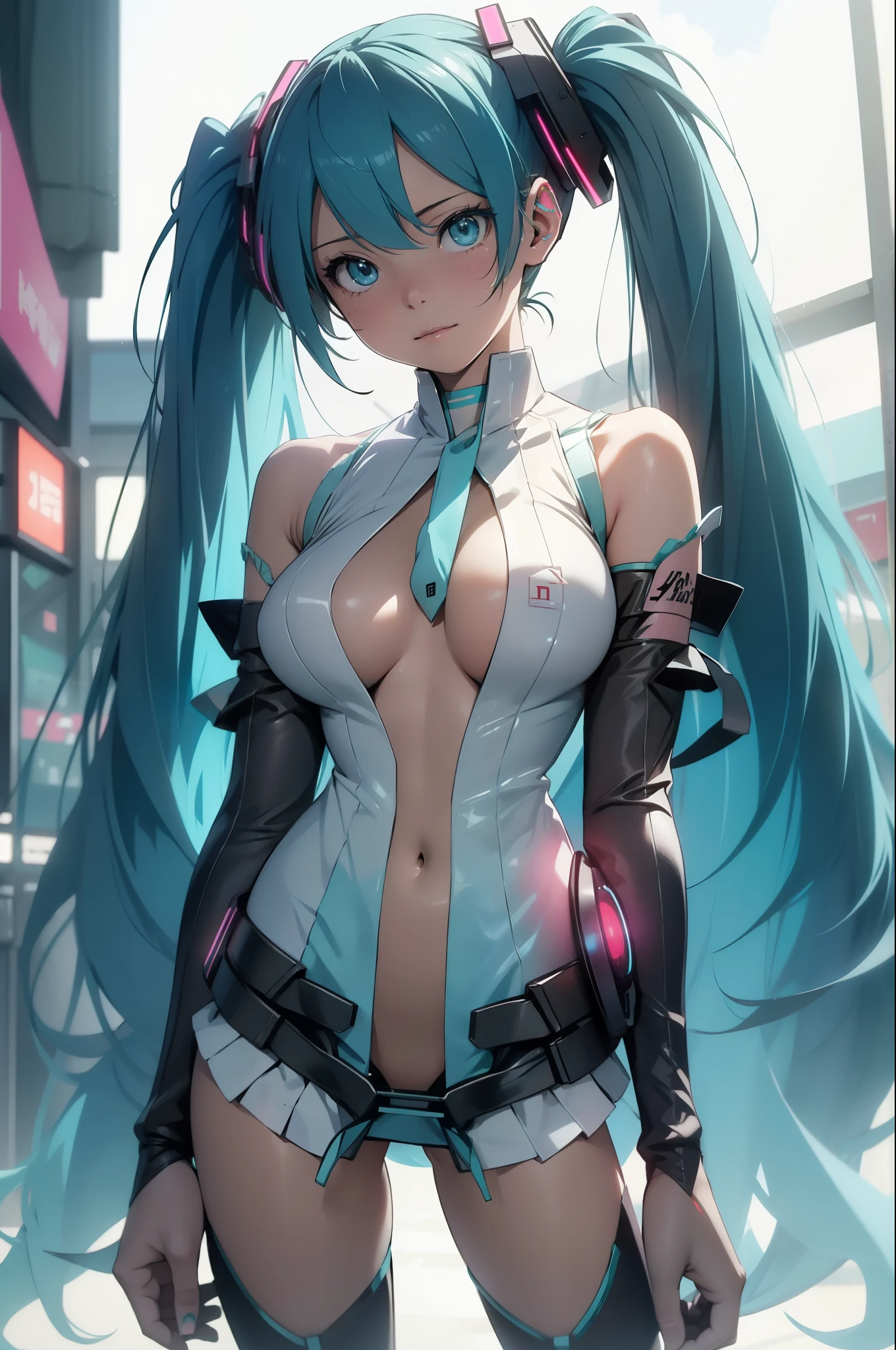 (top-quality)), ((masterpiece)), Pitch Resuit、((Colossal tits:1.5))、adult woman、goth_punk, 1girl in, 独奏,、top-quality, Photorealistic, An ultra-fine illustrations, beautiful attractive anime girl, miku hatsune, Slender , Tied hair, twintail 、one girls, a photo of girl, Full body shot, Beautiful blue eyes, Turned,、Puffy nipple、ONE PIECE mini skirt dress racing uniform 、sobbing tears、 (see -through)、kneehighs white、panty shot、(cum in pussy vaginal:1.2)、cum in mouth.、(G-string :1.3)、Open lips、 ssmile、、、、under a subtle red neon glow wearing , suit Thailand night city,