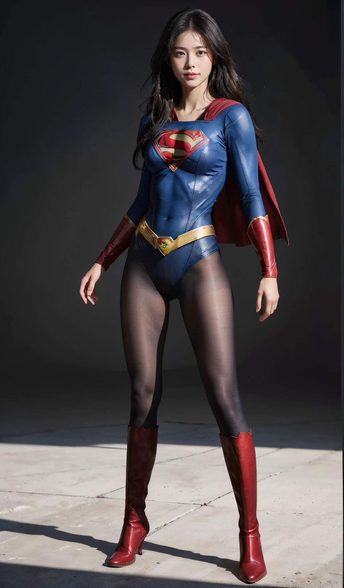 No background、(((Beautiful legs in black tights.)))、(((Legally express the beauty of your smile)))、((((Make the most of your original images)))、(((Supergirl Costume)))、(((Beautiful Hair)))、(((suffering)))、(((Please wear black tights....、Wear red boots)))、((Best image quality、8k))、((highest quality、8k、masterpiece:1.3))、(((Preserve background )))、Sharp focus:1.2、Beautiful woman with perfect figure:1.4、Slim Abs:1.2、Wet body:1.5、Highly detailed face and skin texture、8k