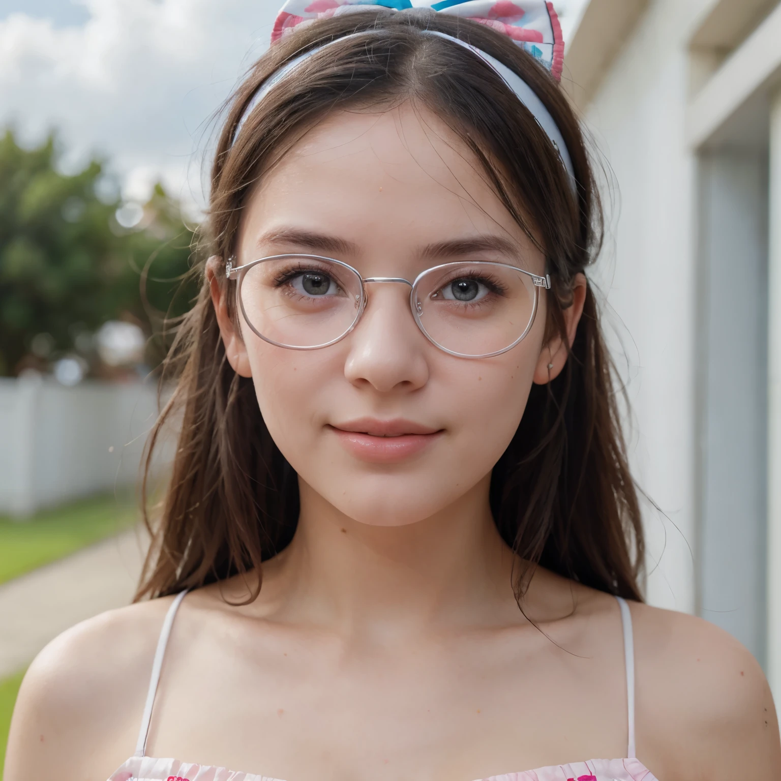 Girl, blue sky and white clouds, wearing silver glasses, happy, happy, reddish cheeks, black hair, wearing pink bow headband, perfect quality, clear focus (clutter - home: 0.8), (masterpiece: 1.2) (Realistic: 1.2) (Bokeh) (Best quality) (Detailed skin: 1.3) (Intricate details) (8K) (Detail eyes) (Sharp focus), (Happy)