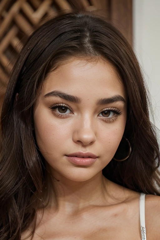Un gros plan d'une femme magnifique visage d'origine latina. Portrait de Sophie Mudd avec des traits captivants et attirants, semblable à un portrait de Demi Rose. La femme est splendide, rappelant Violette Myers, avec une peau olive impeccable et légèrement plus foncée. Ses yeux sont grands, dark brown and expressive, framed by thick eyebrows. Her lips are full and naturally pink. She has a tanned complexion typical of Latinas, with a slightly round face and defined jawline can tan