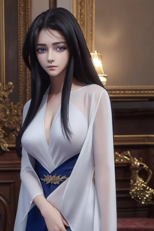 Best quality, masterpiece, ultra high res, (photorealistic:1.37), raw photo, 1girl, perfect body, long straight black hair, slight smile, slit long cloth parted, perfect big breasts, perfectbody, pookies, beautifull eyes,  beautifull face, detailed eyes and face, split cloth, split, dynamic lighting, blue Eyes, fantasy background, eyes looking at the camera