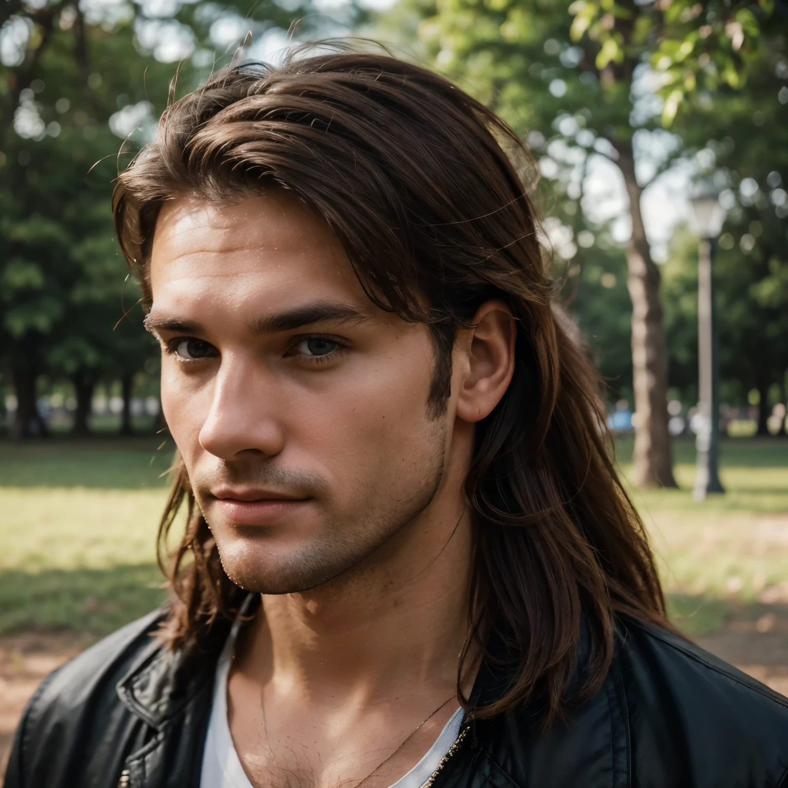 Handsome man 25-35 years old, in the park, mullet, brown hair, close up, satellite image, backlighting, UHD, high quality, best quality, highres, 8k, 16k