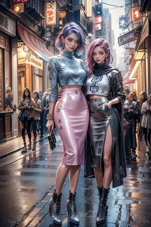 highest quality, Very detailed, masterpiece, Two women posing,(((Perfect female body))),Very beautiful face, Very beautiful body,Gentle expression, Very beautiful eyes,(Perfect Makeup:1.1),Fashion Model,pop punk fashion, Mullet Cut,Shaggy Hair,pink and blue hair:1.3, Very thin body,Smart Abs, Monogram pattern,Various gradations,military,Two-tone high-top sneakers,A kind smile,Full body portrait,(Cyber City:1.3), (Shiny skin),(Earrings),Elegant scarves,See-through shawl,