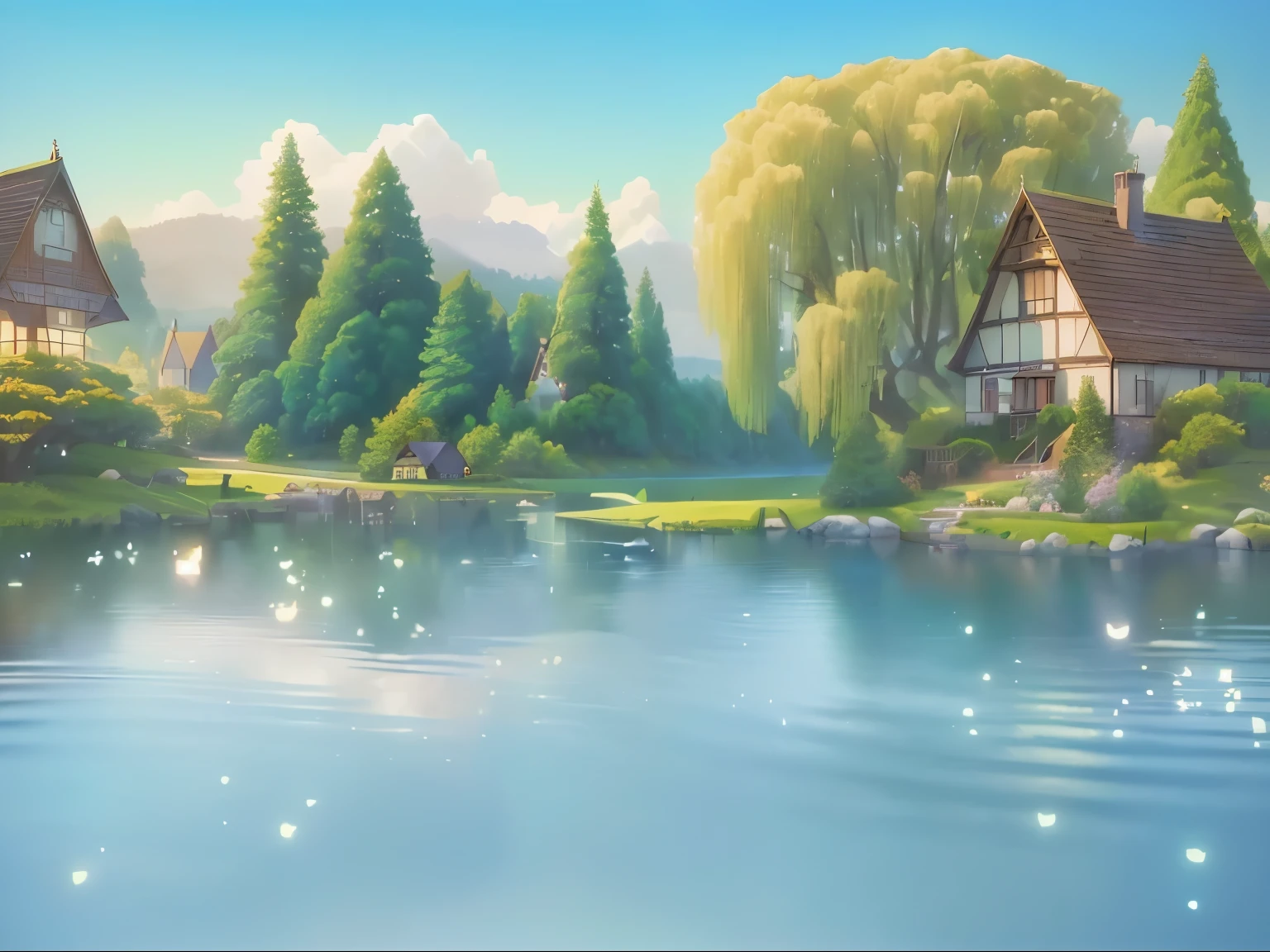 A painting with a small lake、A house and a tree, background technologywork, Fairy tale style background, anime rural scenery, Beautiful fairy tale, Stylized as 3D rendering, background technology, Animation stills, Whimsical fantasy landscape art, Realistic establishing shots, Fantasy painting,Lovely, Detailed scenery —width 672, 3D rendering style, Official illustrations