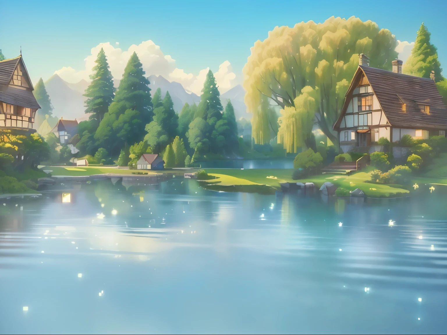 A painting with a small lake、A house and a tree, background technologywork, Fairy tale style background, anime rural scenery, Beautiful fairy tale, Stylized as 3D rendering, background technology, Animation stills, Whimsical fantasy landscape art, Realistic establishing shots, Fantasy painting，Lovely, Detailed scenery —width 672, 3D rendering style, Official illustrations