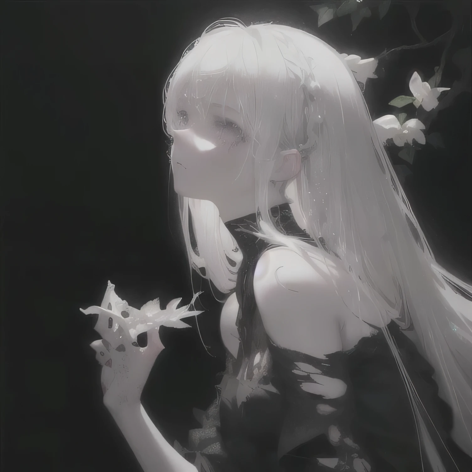(White background:1.4),(Silhouette of a girl's head, Close eyes, white long hair, ), Bright Gray Eyes, flowers on hair,( Smart Design, Sharp lines, High sharpness,top quality, very detailed, masterpiece, lighting effects in cinema, 4K )pure White background