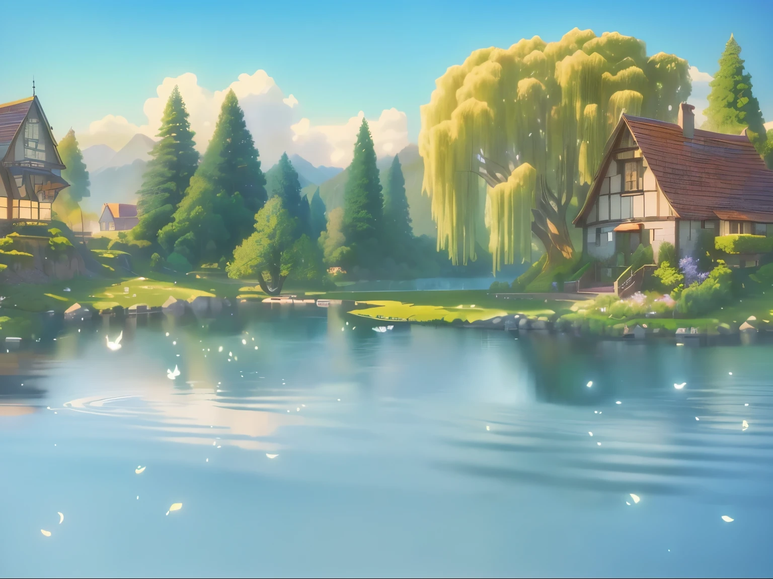 A painting with a small lake、A house and a tree, background technologywork, Fairy tale style background, anime rural scenery, Beautiful fairy tale, Stylized as 3D rendering, background technology, Animation stills, Whimsical fantasy landscape art, Realistic establishing shots, Fantasy painting，Lovely, Detailed scenery —width 672, 3D rendering style, Official illustrations