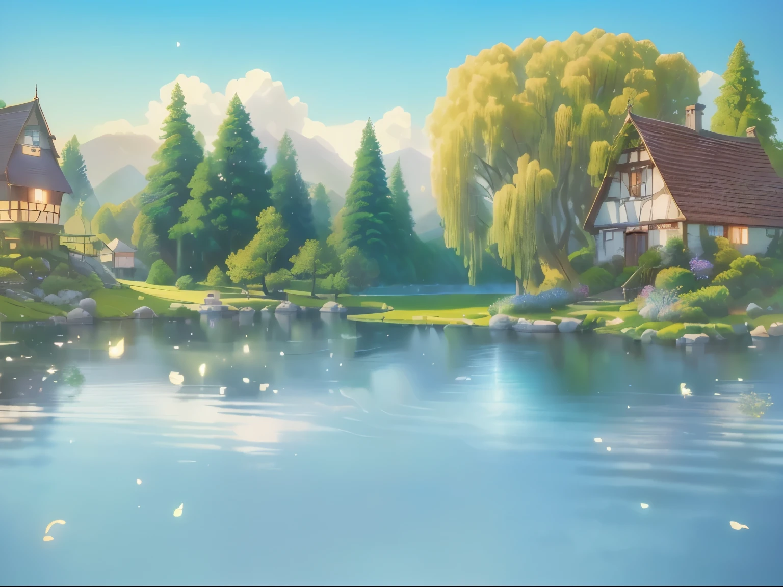 A painting with a small lake、A house and a tree, background technologywork, Fairy tale style background, anime rural scenery, Beautiful fairy tale, Stylized as 3D rendering, background technology, Animation stills, Whimsical fantasy landscape art, Realistic establishing shots, Fantasy painting,Lovely, Detailed scenery —width 672, 3D rendering style, Official illustrations