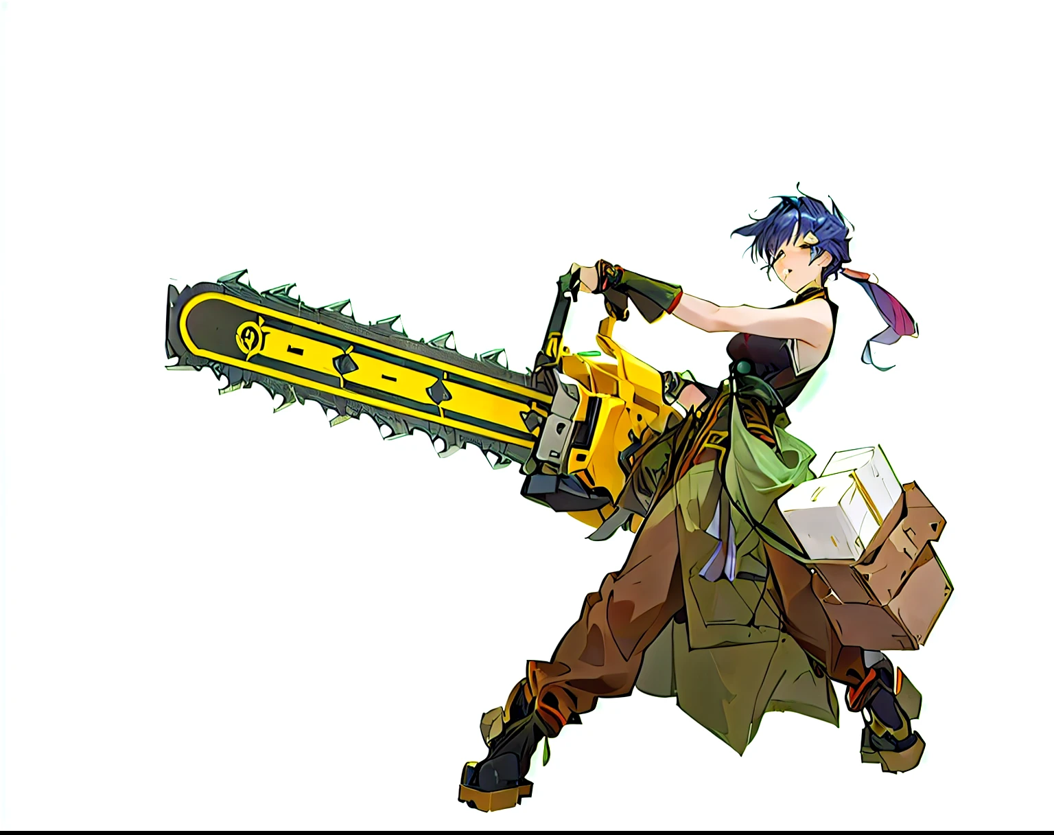 anime character with Electric saw in hand and a backpack on his back, Kushat Kents, Kushat Krenz Key Art Women, Krenz Kushat and Artgerm, Electric saw, Official Character Art, JRPG character art, Katana Zero video game character, author：Akihiko Yoshida, Krenz Kushat and Artyom Demura
