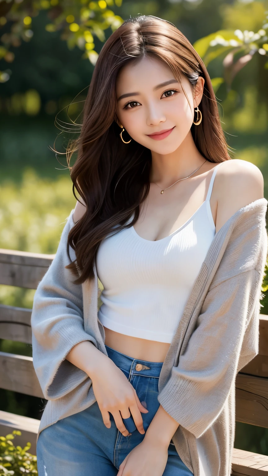 A breathtaking masterpiece、Captured in breathtaking 8K resolution、The portraits are exquisitely detailed and realistic.。The scene is bathed in HDR light.、Depicts a beautiful woman at mid-range、(In casual attire:1.3)、Her hands were delicately placed on her head、Smiling amiably at the viewer。She exudes an aura of grace and charm.。Perfect Anatomy、