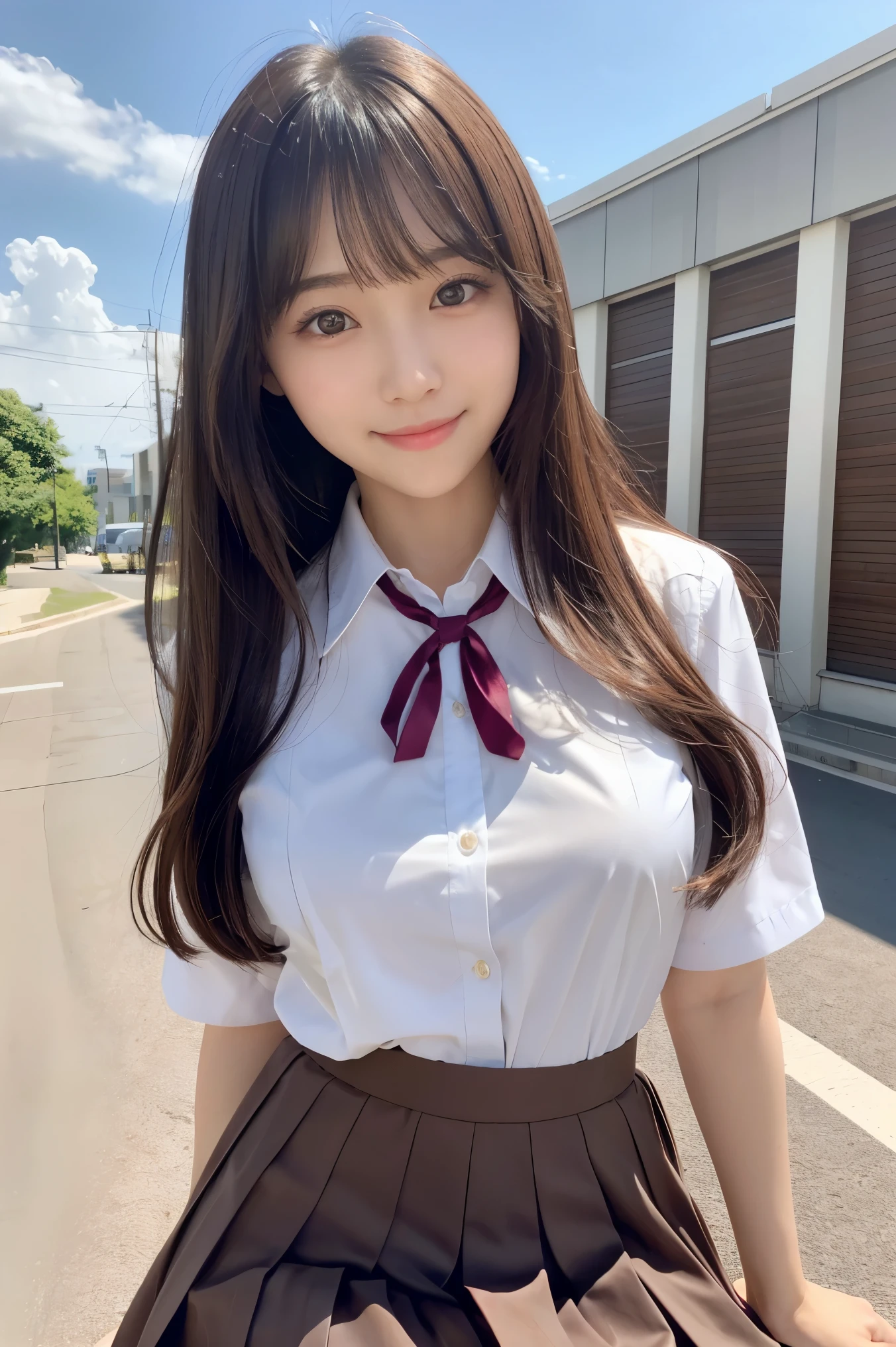 bright表情、Photorealistic:1.32、highest quality、超A high resolution、最も美しい日本のgirlの写真、Cute and beautiful face details、Small Face、美しいbangs、、Radiant, fair, glowing skin、Hair gets tangled in the face、(girl1Only people:1.3)、顔まで伸びるbangs、bangs、Hair between the eyes、Attractive brown silky hair、bright、Her clear eyes shine charmingly、Cute pose、highest quality、Disorganized、((The cutest girl in the world))、Japanese、((School uniform summer clothes:1.3))、(High waist pleated skirt)、Newest Brands、(Side Half Up:1.3)、(Thin ribbon)、Nice and cute、An innocent smile、nice smile、Cleavage、(Large Breasts:1.3)、(Posing cutely:1.3)、Brown Hair、Small waist、Detailed beautiful eyes、View your viewers、Upper Body、Close-up of face、Front view、
