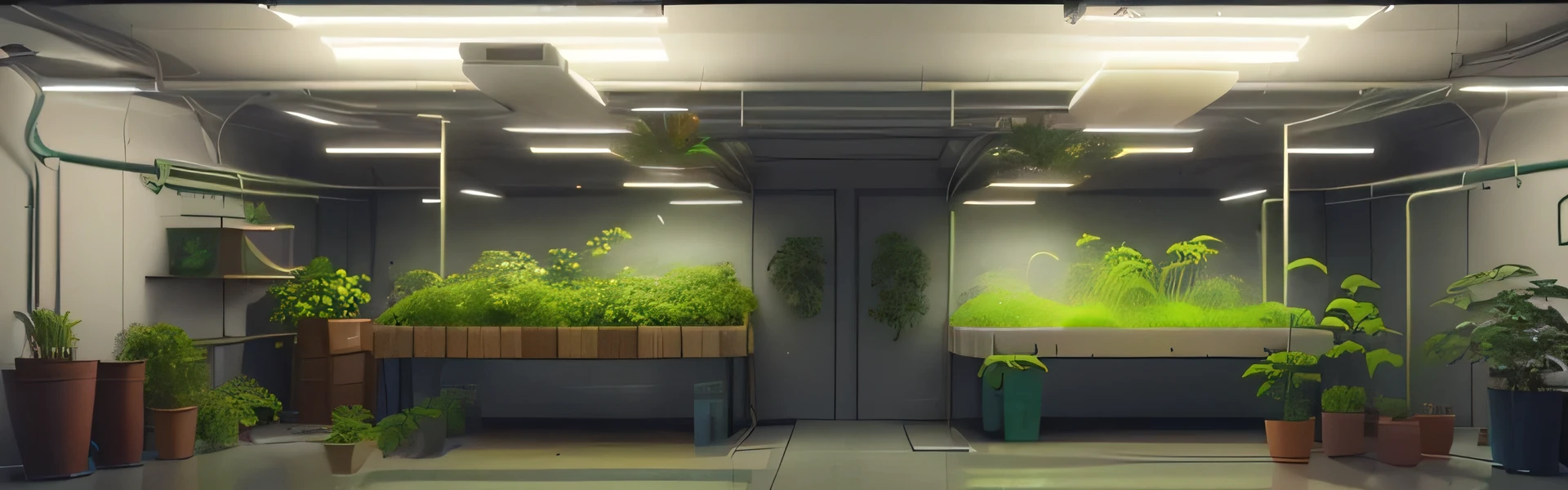 (best quality, 4k, 8k, highres, masterpiece:1.2), ultra-detailed, (realistic, photorealistic, photo-realistic:1.37), a room with an aquarium, plants, theophanic atmospheric breeding room, space plants, breeding room, some plants, extraterrestrial plants from Alpha Centauri, bottom illumination, glowing plants, concept art with exquisite details, some plants, hydroponic farm, concept art from video games