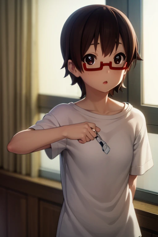 nodokamanabe, nodoka manabe, short hair, brown hair, (brown eyes:1.5), glasses, semi-rimless eyewear, red-framed eyewear, under-rim eyewear,
BREAK sakuragaoka high , nude body 
BREAK indoors, classroom,
BREAK looking at viewer, 
BREAK (masterpiece:1.2), best quality, high resolution, unity 8k wallpaper, (illustration:0.8), (beautiful detailed eyes:1.6), extremely detailed face, perfect lighting, extremely detailed CG, (perfect hands, perfect anatomy),