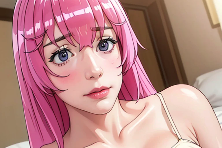 Ultra realistic, vintage photo, best quality, dream aesthetic (a little blurry in cinematic vibrant light), ultra-detailed, fine details, high resolution (image taken by analog camera), Perfect dynamic composition, illuminated pale skin, perfect shading, beautiful (realistic) detailed clear eyes, summer dress, pantyhose, pale-pink hair, long messy (silky) hair (pale pink), natural big breasts, Natural Color Lip (not smiling), face with shy and embarrassed expression, Random and sensual poses, bedroom (background unfocused)、20 year old、dream atmosphere