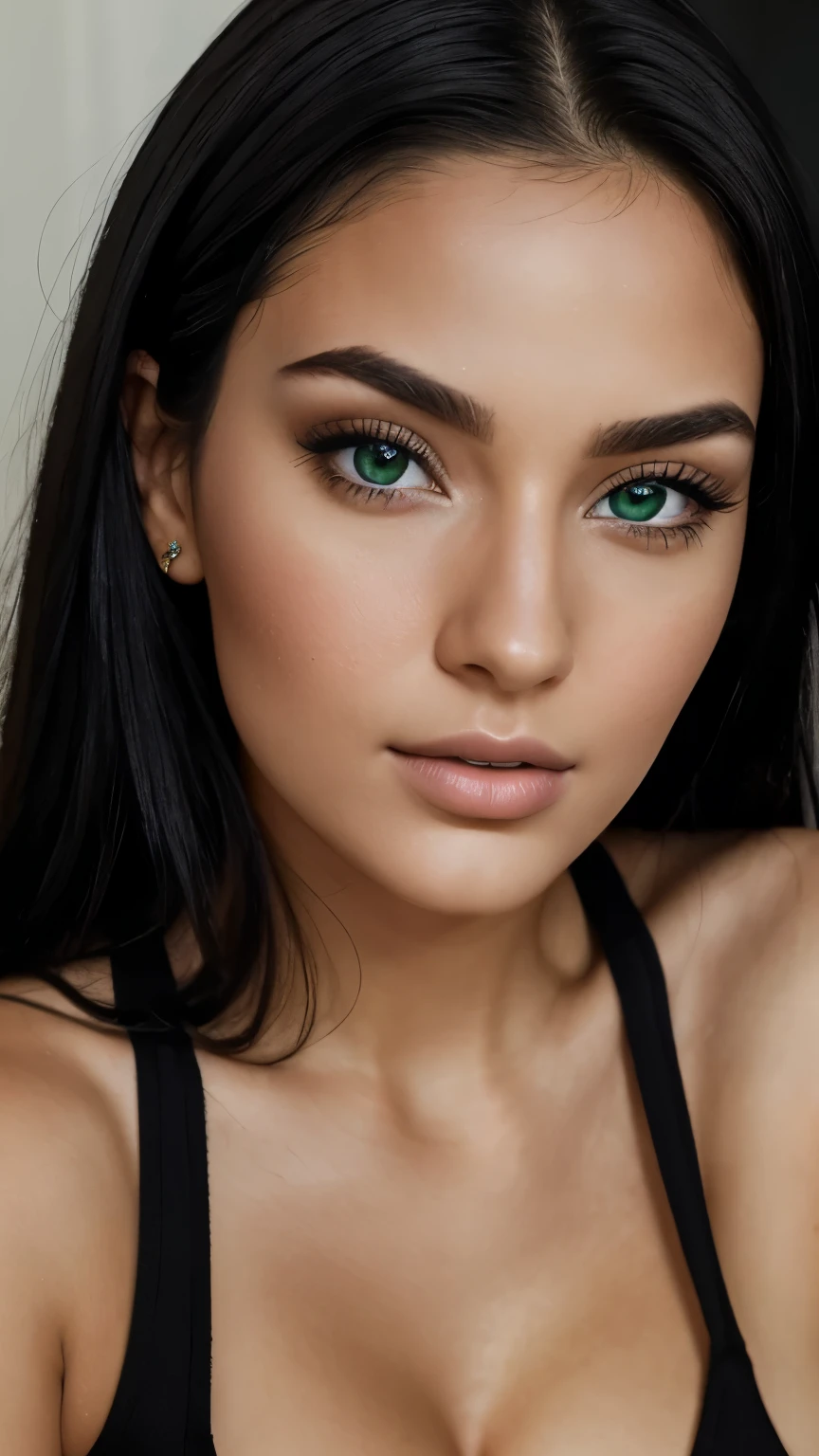 Realistic portrait photo of beautiful 26-year-old woman with black hair, influencer, sultry, clear and intense green eyes, instagram