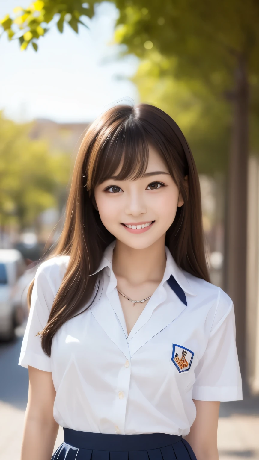 bright表情、Photorealistic:1.32、highest quality、超A high resolution、最も美しい日本のgirlの写真、Cute and beautiful face details、Small Face、美しいbangs、、Radiant, fair, glowing skin、Hair gets tangled in the face、(girl１Only people:1.3)、顔まで伸びるbangs、bangs、Hair between the eyes、Attractive brown silky hair、bright、Her clear eyes shine charmingly、Cute pose、highest quality、Disorganized、((The cutest girl in the world))、Japanese、((School uniform summer clothes:1.3))、(High waist pleated skirt)、Newest Brands、(Half Side Up:1.3)、(Thin ribbon)、Nice and cute、An innocent smile、nice smile、Cleavage、(Large Breasts:1.3)、(Posing cutely:1.3)、Brown Hair、Small waist、Detailed beautiful eyes、View your viewers、Upper Body、Close-up of face、Front view、