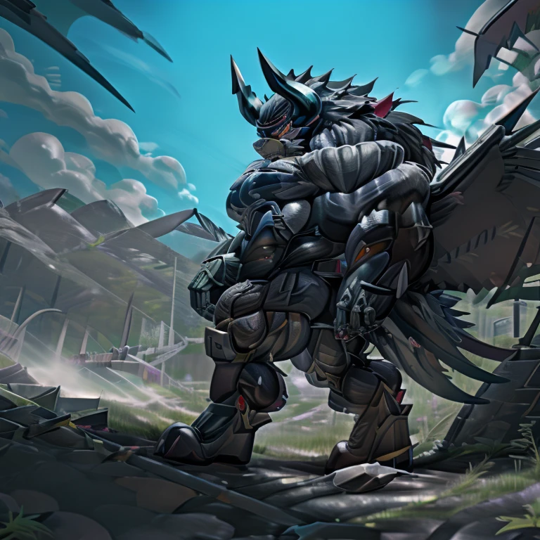 (gigantic muscles), 8K, Masterpiece, highres, Detailed head, Detailed Body, full body, Detailed abs, wearing crNanosuit, big muscle (pecs, triceps, traps) unusually developed muscular body, 
body full of huge muscles. 
pectorales enormes. Exaggeratedly huge muscles. Gigachad Muscular, gigantic muscles, Colossal giant NANOSUIT over a battlefield, The claws are sharp, Sharp teeth, Spread wings, have big wings. black wings, nj5furry, Animal paws, castle, black visor, demon lord dragon batzz