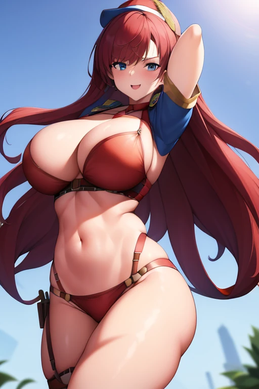 masterpiece, best quality, beautiful art, high resolution, well formed hands, body and fingers, 1 woman, long red hair, blue eyes,red scarf around her neck, wearing a red Mata Hari outfit, sexy and skimpy red arabian belly dancer outfit, sexy belly dancer, she wears a police officer hat, big breasted, cleavage full body, gorgeous legs and thighs,she is fighting a villain, showing her fighting skills, action and fighting scene, hitting the viewer, sexy fight looking at it, acting tough and cocky, sexy police officer, bouncing breasts, smiling joyfully and brightly, feeling confident and cocky city at night with full moon