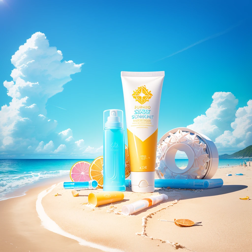 A tube of sunscreen on the beach, Cleansing face and body skin, Face and body connected, &quot;Surrealism, Crisp and sharp, Official product images, product photo, Relax on the beach, Sunny and sunny, author：Juan O&#39;Gorman, from me, High-quality local rendering, cream skin, Clarity、Smooth、Clean lines