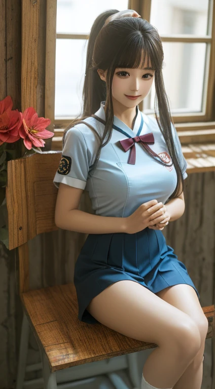 A girl、漂亮又beauty的眼睛、Lovely、Professional lighting、best quality、beauty、(Uniforms: 1.5)、Ponytail、(Large Breasts: 1.3)、Proportionate face、School、Beautiful legs、whole body，white hair，person with bright smile，paint，Wearing cheongsam，Texture and sophistication，Combined with Chinese style elements，Feathers flying，Create fantastic effects，用高品質的圖片呈現Beautifully作品。(***********: 1.5), Lace, ribbon, Hanfu, (masterpiece, Side light, Beautifully and fair gray eyes: 1.2), masterpiece, Practical, Glowing eyes, Shiny hair, Black Hair, Long hair, Glowing skin, Solitary, Awkward, Strapless, Beautifully, fair, garden, Flowers, fluttering petals,