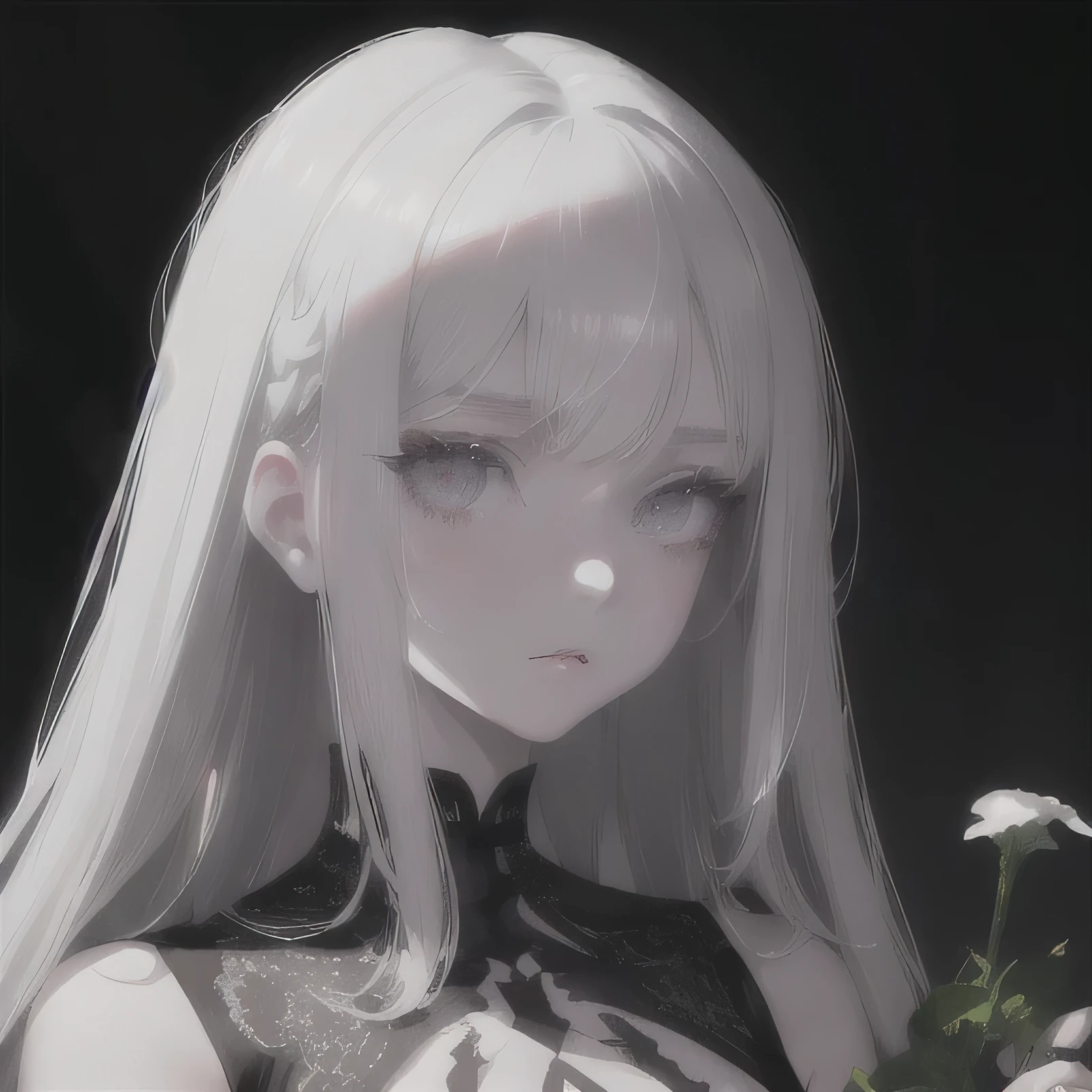 Anime - a young woman with white long hair and a black top, Girl with white hair, Perfect white haired girl, Bright Gray Eyes, flowers on hair,( Smart Design, Sharp lines, High sharpness,top quality, very detailed, masterpiece, lighting effects in cinema, 4K )pure White background, light gray haired girl with beautiful eyes
tattered and torn dress
sitting in the corner of a dark room