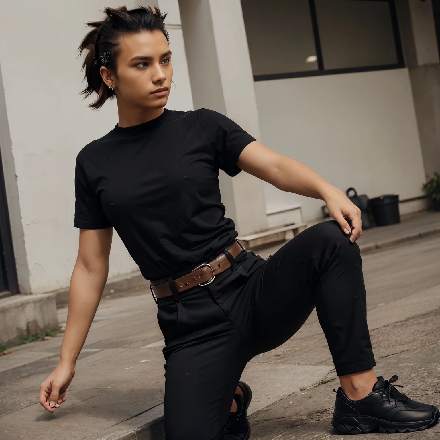 Black shirt and skin-colored pants and brown belt and black shoes and mohawk hair