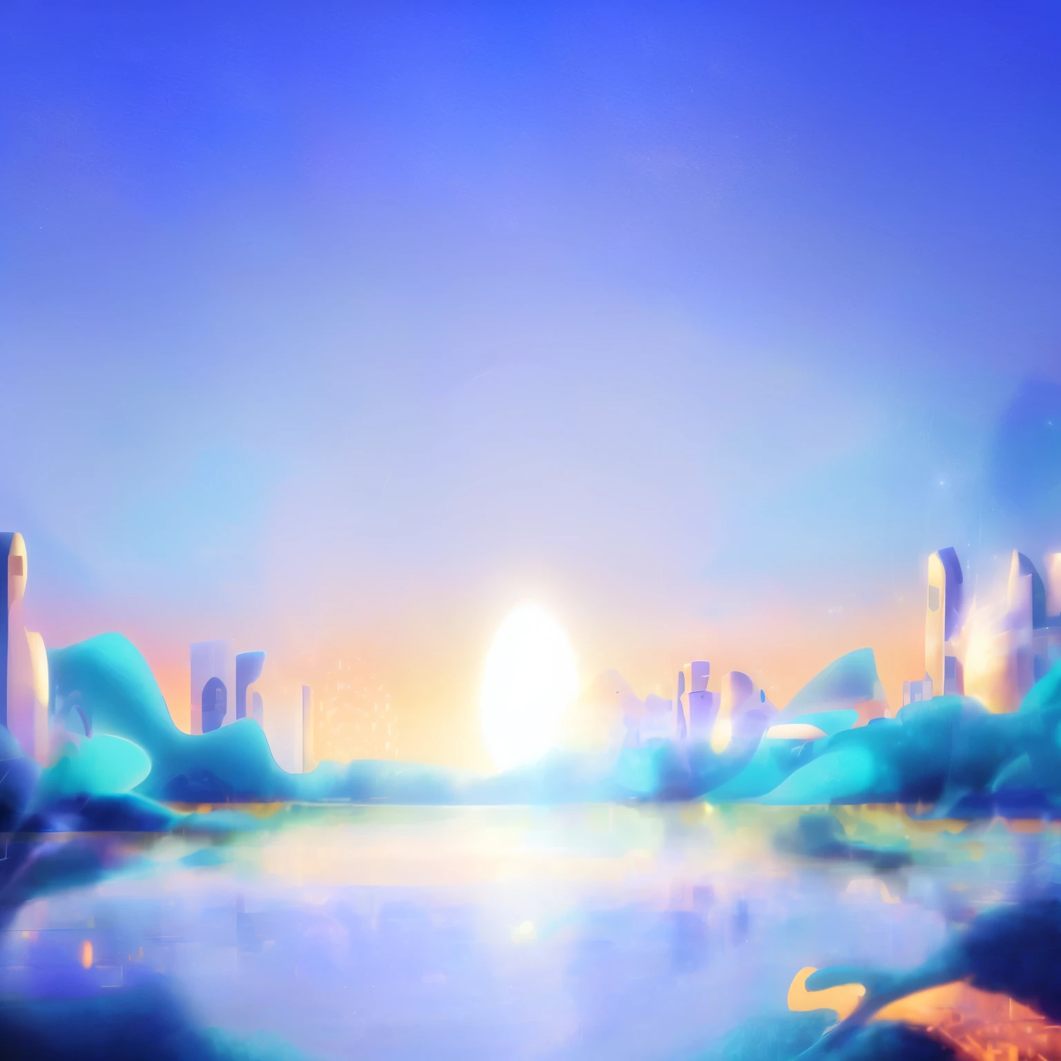 There is a photo of the city，There is a lake in the middle, futuristic landscape, background artwork, A starlit city at sunset, 4k hd wallpaper illustration, 4k hd illustration wallpaper, vaporwave Sunrise background, sunrise over solarpunk city, Detailed scenery —width 672, sunset illustration, Smooth Utopian Design, Sunrise background