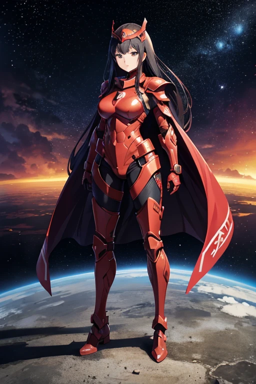 Anime Art,Full body portrait、Space SF Armored Warrior、A woman around 36 years old, about 170cm tall, standing upright with her arms folded, wearing red armor and a red helmet on her head、Calm expression、Long black hair、gloves、Arm guard、Leggers